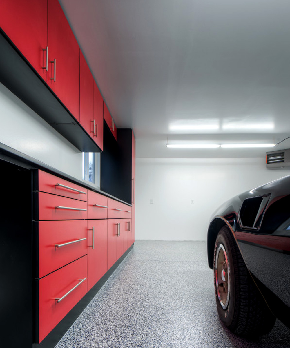 chip floor next and red cabinets